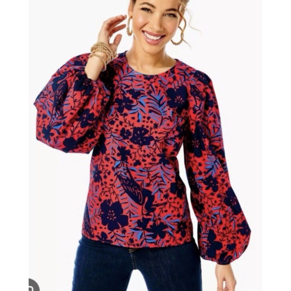 Lilly Pulitzer Top Shirt Blouse Lynnley Long Sleeve Red Blue Heron My Own Small